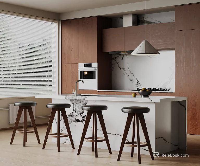 Stylish Bar Counter With Marble Top Four Stools And Wooden Cabinets In Kitchen” 3d model 