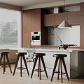 Stylish Bar Counter With Marble Top Four Stools And Wooden Cabinets In Kitchen”