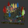 Scenic Cliffside Hotel Building With Waterfall Pine Trees Wooden Dock And Small Boat