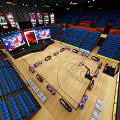 Esports Exhibition Booth with Large Screens Stage and Hanging Banners
