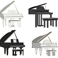 Various Black And White Acoustic Pianos With Stools Open Lid And Music Sheets