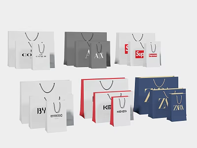 Branded Shopping Bags In Various Colors With Stylish Logos And Designs 3d model