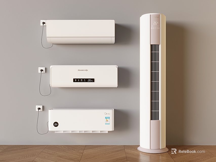 Three Wall Mounted Air Conditioners And Tower Fan With Gray Wall And Wooden Floor 3d model 