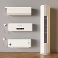 Three Wall Mounted Air Conditioners And Tower Fan With Gray Wall And Wooden Floor
