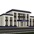 Modern Office Building With Stone Exterior Large Windows Front Cars And Surrounding Trees