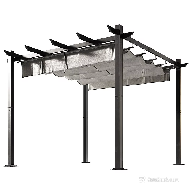 Outdoor Garden Pergola With Black Metal Posts And Wavy Canopy Roof Structure 3d model 