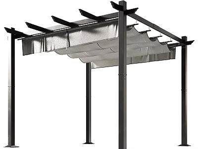 Outdoor Garden Pergola With Black Metal Posts And Wavy Canopy Roof Structure 3d model