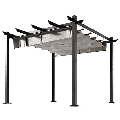 Outdoor Garden Pergola With Black Metal Posts And Wavy Canopy Roof Structure 3d model