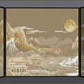 Poliform Decorative Room Divider With Traditional Landscape Mountain Moon Black Frame And Lantern Style Lights