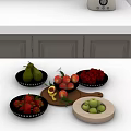 Fresh Pears Peaches Raspberries Strawberries and Apples in Glass Bowls and Wooden Plate on Table