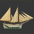 Detailed Model Ship With Tall Masts Yellow Sails And Green White Hull