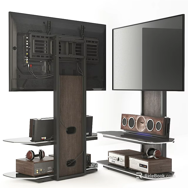 Wall Mounted TV with Wooden Stand Glass Shelves Speakers and Electronic Devices 3d model 