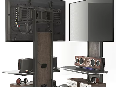 Wall Mounted TV with Wooden Stand Glass Shelves Speakers and Electronic Devices 3d model