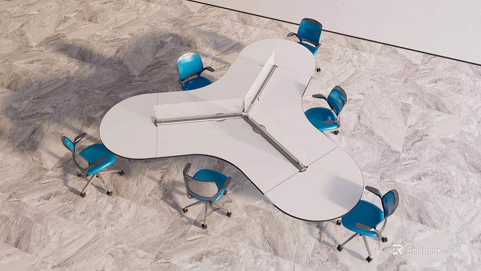 Modern White Office Desk With Unique Shape And Blue Office Chairs On Marble Floor 3d model 
