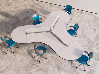 Modern White Office Desk With Unique Shape And Blue Office Chairs On Marble Floor 3d model