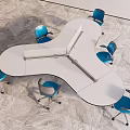 Modern White Office Desk With Unique Shape And Blue Office Chairs On Marble Floor