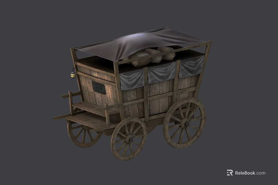 Handcrafted Wooden Carriage Sculpture With Canvas Roof And Carved Details 3d model 