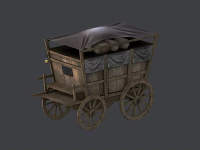 Handcrafted Wooden Carriage Sculpture With Canvas Roof And Carved Details 3d model