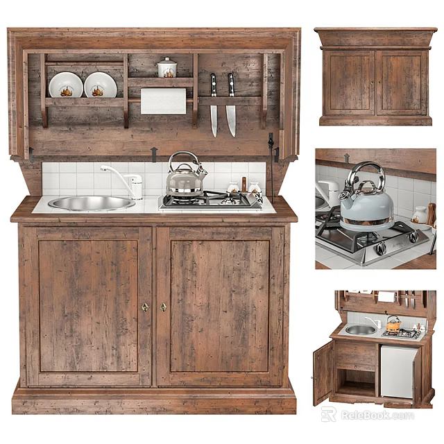 Wooden Kitchen Interior With Sink Stove Kettle Knives Plates And Cabinets 3d model 