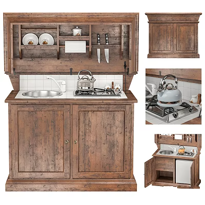 Wooden Kitchen Interior With Sink Stove Kettle Knives Plates And Cabinets 3d model