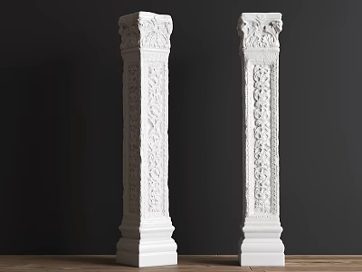 White Intricately Carved Columns With Floral Patterns On Dark Background And Wooden Base 3d model
