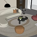 Beige Curved Sofa and Black Round Coffee Table Set with Red Chair and Orange Ottoman