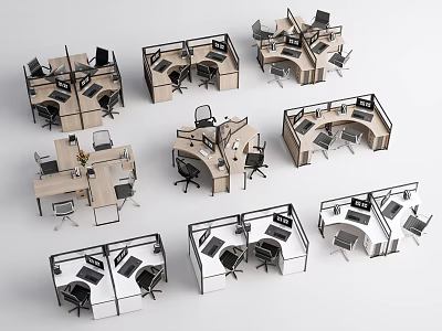 Various Office Desk Designs With Cubicle Styles And Ergonomic Office Chairs 3d model