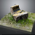 Miniature Scene Model With Yellow Black Ramp Gray Stone Block And Green Grass On Base
