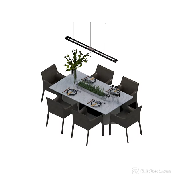 Elegant Modern Dining Table Set With Gray Chairs Green Plant Tableware And Hanging Light 3d model