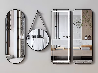 Modern Bathroom Vanity With Different Shaped Mirrors Marble Countertop And Storage Cabinets 3d model