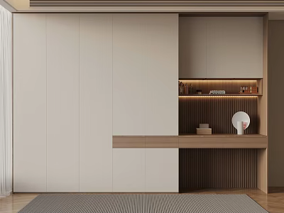 Modern Interior Featuring Light Beige Built in Wardrobe Wooden Countertop And Decorative Plate 3d model
