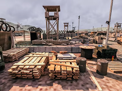 Construction Site Area With Stacked Wooden Planks Coiled Wire Barrels And Watchtowers 3d model