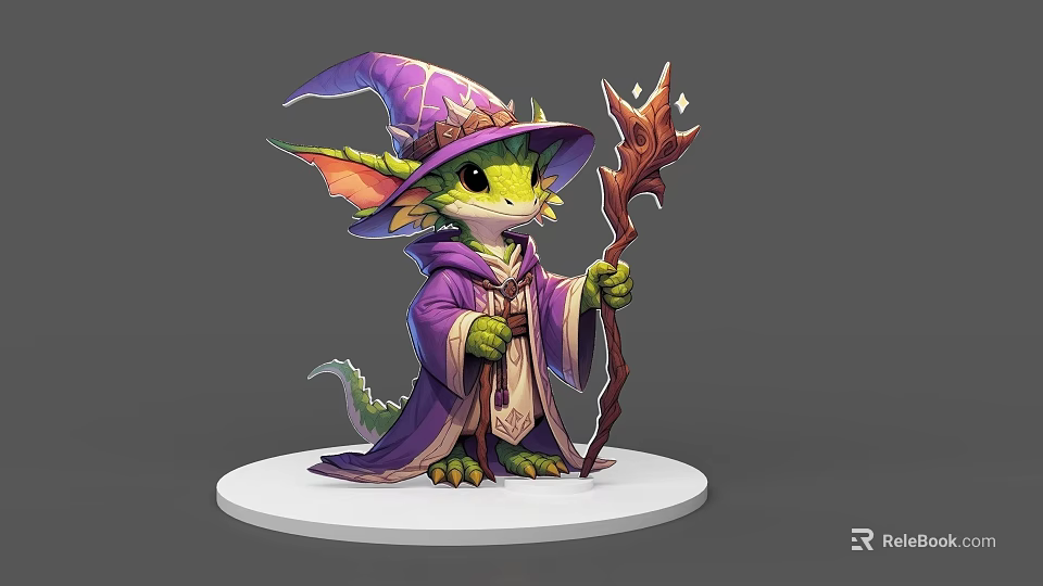 Cute Dragon Wizard Character In Purple Robe With Pointed Hat And Magic Staff 3d model 
