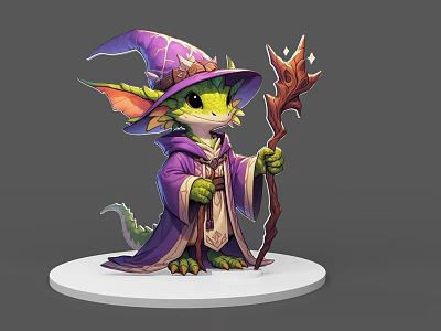 Cute Dragon Wizard Character In Purple Robe With Pointed Hat And Magic Staff 3d model