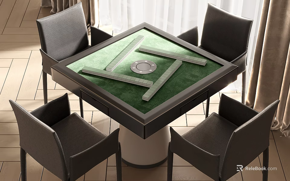 Entertainment Table with Green Mahjong Surface Four Dark Chairs and Circular Center 3d model 