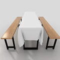 Dining Table and Bench Set with White Tablecloth Wooden Top and Black Metal Frames
