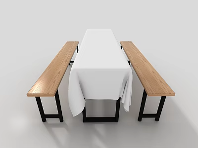 Dining Table and Bench Set with White Tablecloth Wooden Top and Black Metal Frames 3d model