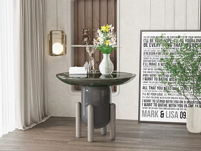 Modern Side Table With Glass Top Unique Grey Base Decorative Vase Hanging Lamp And Wall Art 3d model