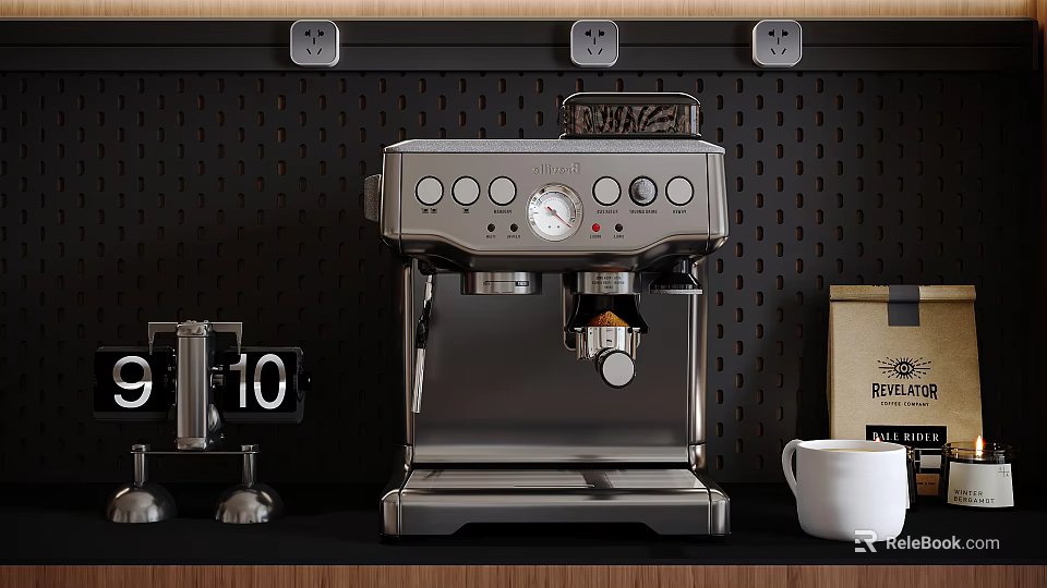 Stainless Steel Espresso Coffee Machine A Stylish Modern Kitchen Appliance On Countertop With White Cup 3d model 