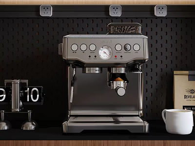 Stainless Steel Espresso Coffee Machine A Stylish Modern Kitchen Appliance On Countertop With White Cup 3d model