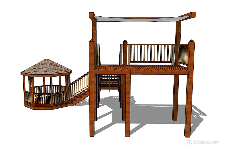 Outdoor Wooden Pergola Structure Featuring Multi level Platform Stairs Gazebo Roof And Railings 3d model 