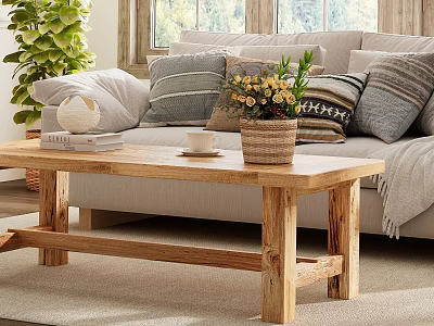 Cozy Living Room Interior With Natural Light Wooden Coffee Table Sofa And Potted Plant 3d model