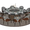 Round Dining Table Set With Eight Gray Brown Chairs Tableware Vase White Flowers Round Rug 3d model