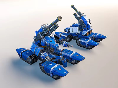 Two Smart Machine Tanks With Blue Bodies Cannons And Mechanical Tracks Structure 3d model