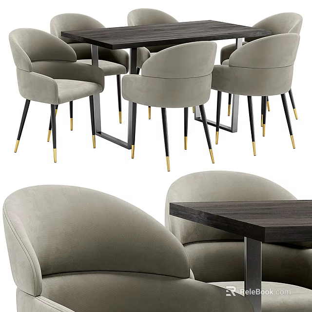 Modern Dining Table Set with Gray Velvet Chairs Dark Wood Top and Golden Metal Legs 3d model 