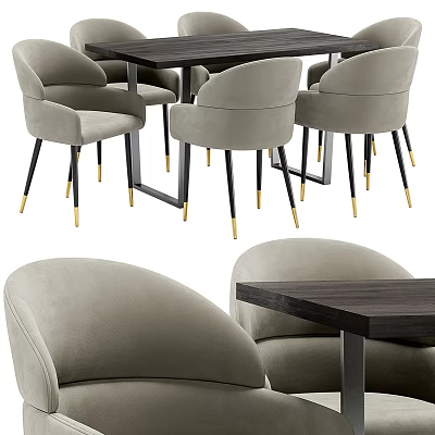 Modern Dining Table Set with Gray Velvet Chairs Dark Wood Top and Golden Metal Legs 3d model