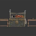 Vintage Bedroom Interior With Brass Bed Frame Patterned Bedspread Wooden Nightstands And Antique Trunk