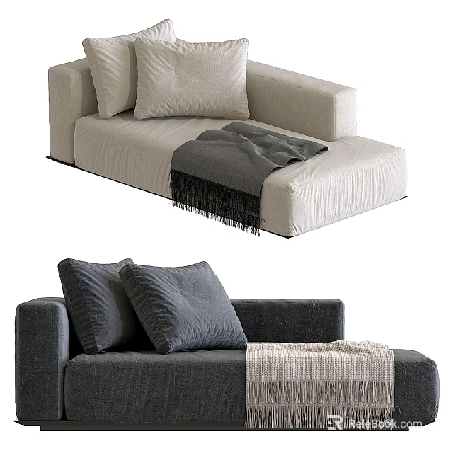 Light And Dark Two Seater Sofas With Cozy Pillows And Soft Fringed Blankets 3d model 