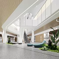 Spacious Modern Hospital Outpatient Hall With Curved Ceiling Wooden Walls Blue Seats And Green Plants