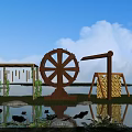 Garden Ornaments Including Wooden Water Wheels Pond With Lotus Flowers Bamboo Fence And Straw Bales